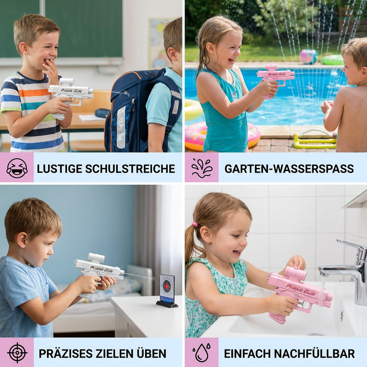 Kind spritzt Wasser mit der farbigen Doppel-Wasserpistole. Perfektes Wasserspielzeug für heiße Sommertage.