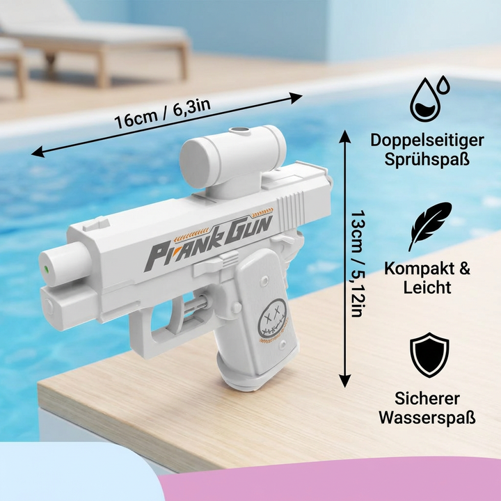 Detailaufnahme der bunten doppelten Kinder-Wasserpistole. Sicheres, langlebiges Spielzeug für Wasserschlachten.