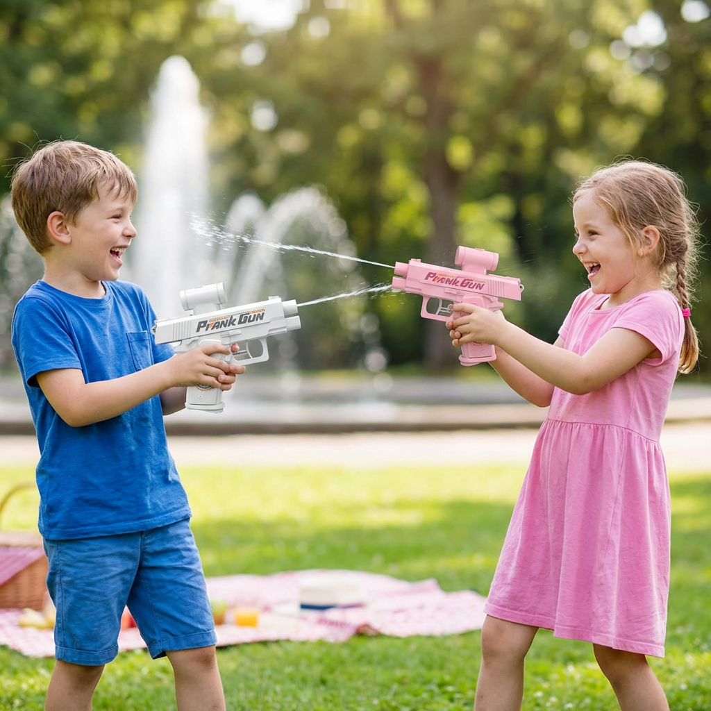 Doppelseitige Kinder-Wasserpistole für spritzigen Sommerspaß im Garten. Robustes Wasserspielzeug für draußen.