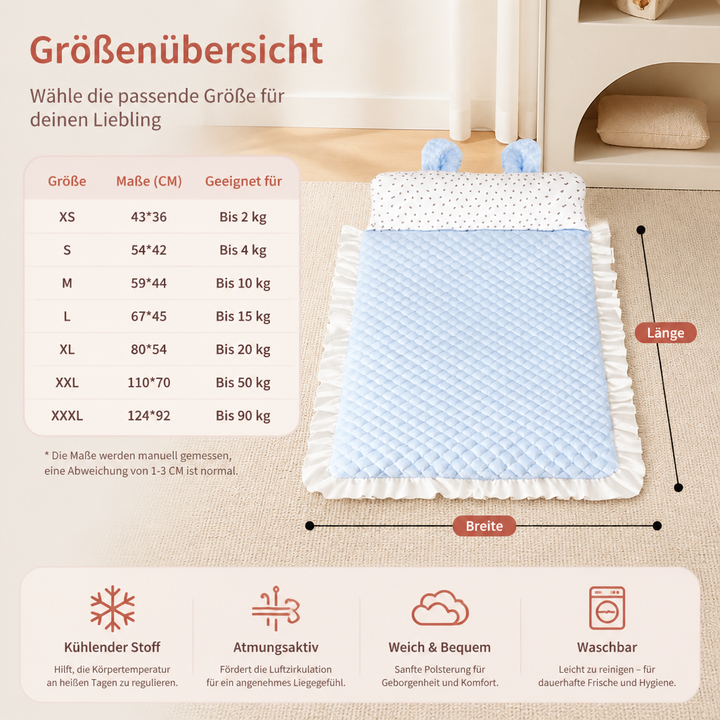 Kühlendes Sommer-Hundebett, fördert das Wohlbefinden Ihres Hundes. Komfortabel, weich und leicht zu reinigen.