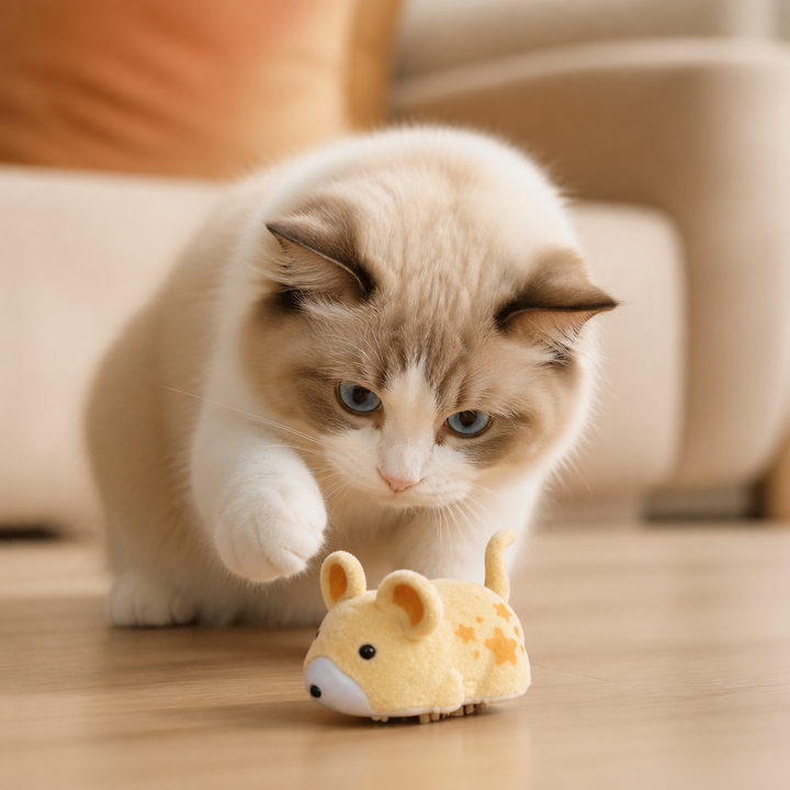 Glückliche Katze spielt begeistert mit dem interaktiven Hamster Spielzeug. Perfektes Zubehör für Indoor Katze.