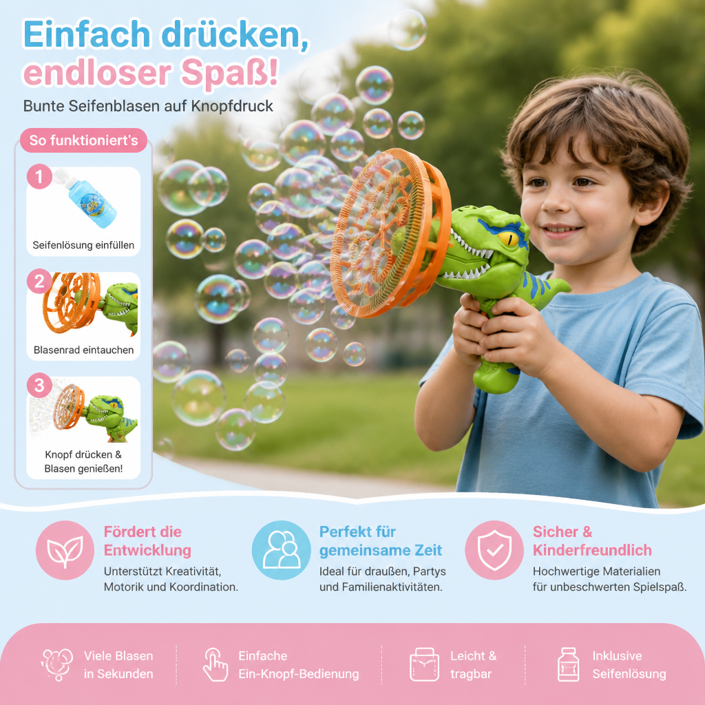 Detailansicht der bunten Dino Seifenblasenkanone, ideal für Kinder. Ein tolles Geschenk und Outdoor-Spielzeug.
