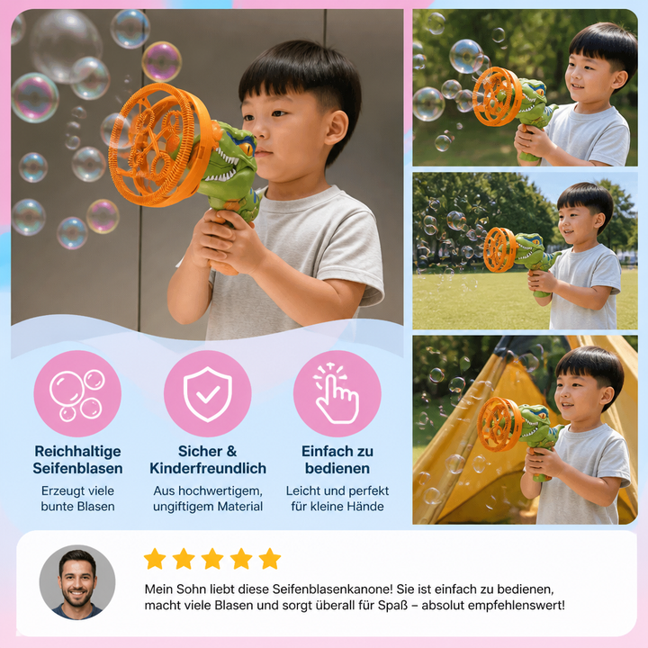 Originelles Geschenk: Die Dino Seifenblasenkanone für Kinder. Perfektes Outdoor-Spielzeug für Geburtstage und Sommer.
