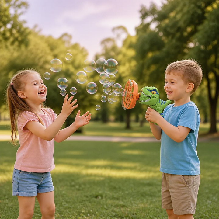 Grüne Dino Seifenblasenkanone für Kinder. Robustes Outdoor-Spielzeug für endlosen Gartenspaß und viele Blasen.