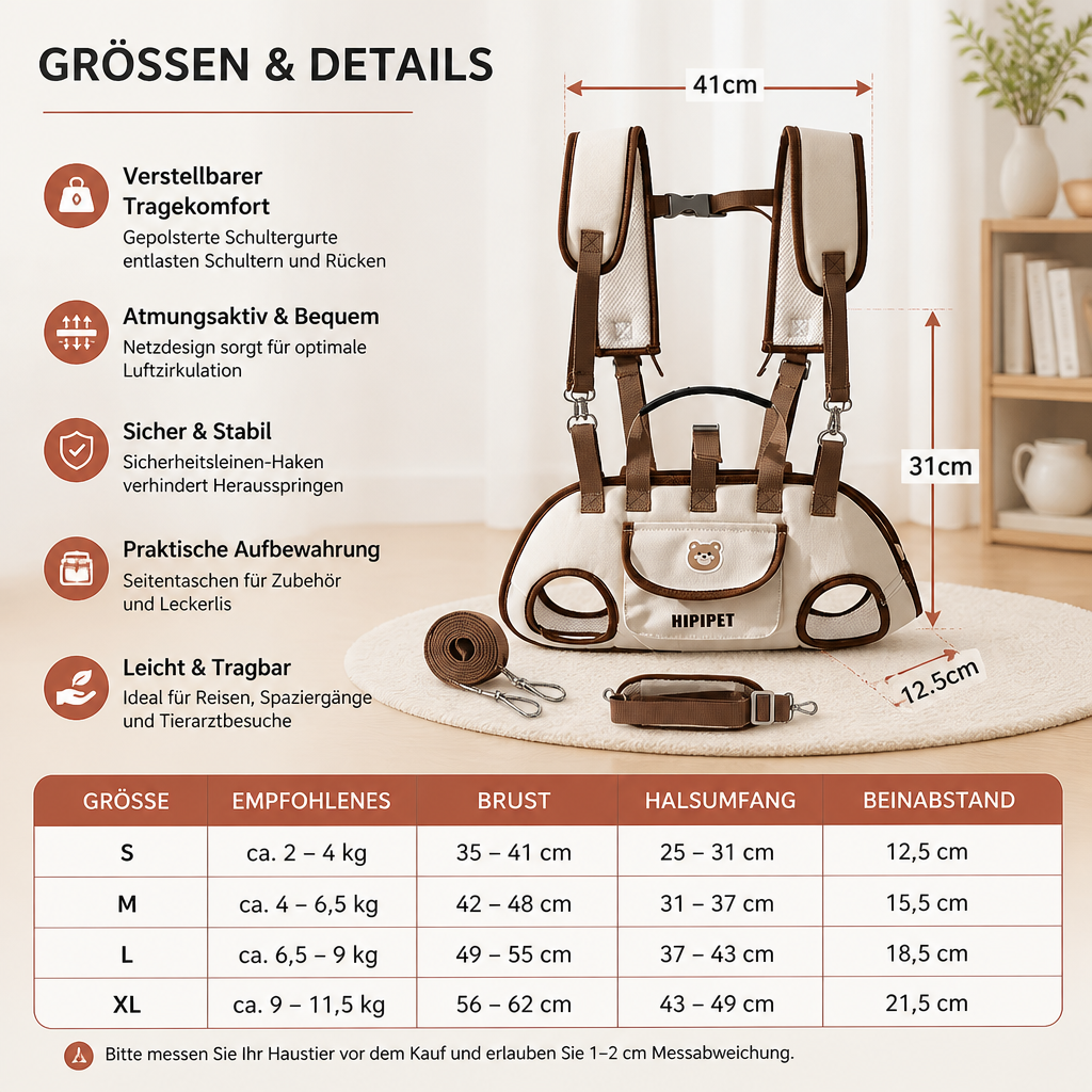Komfortable Reisetasche für kleine Hunde und Katzen, mit verstellbarem Riemen für optimale Passform.