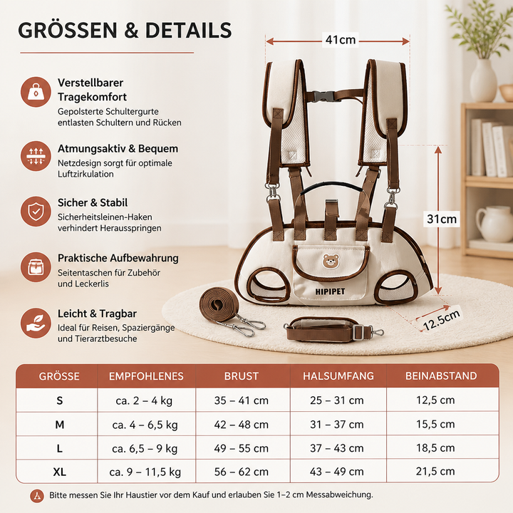 Komfortable Reisetasche für kleine Hunde und Katzen, mit verstellbarem Riemen für optimale Passform.