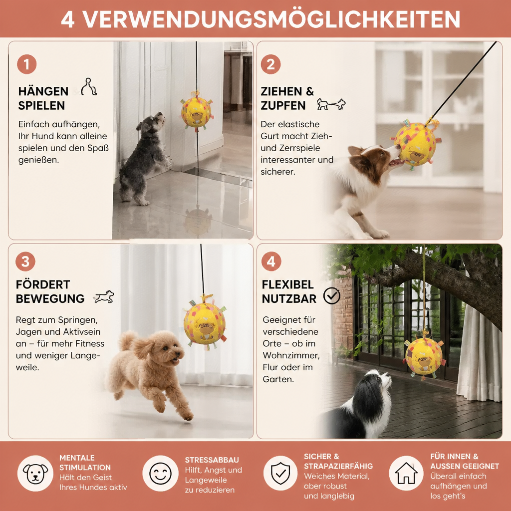 Aufhängbares Hundespielseil für Zerrspiele & Bewegung. Interaktives Anti-Langeweile-Spielzeug für jeden Hundetyp.