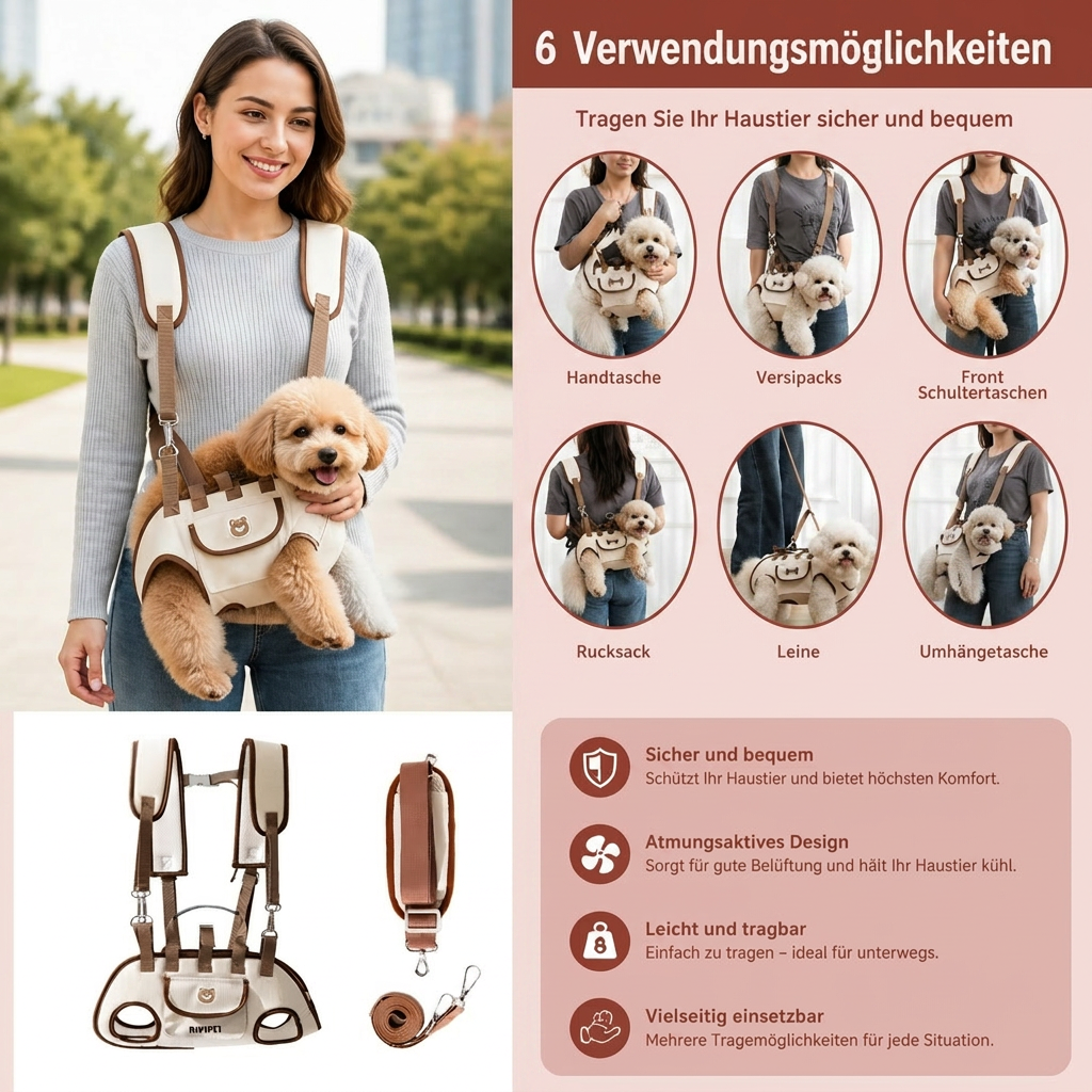Kompakte Hundetasche/Katzentasche in Braun für sicheren Tiertransport und bequemes Reisen mit Kleintieren.