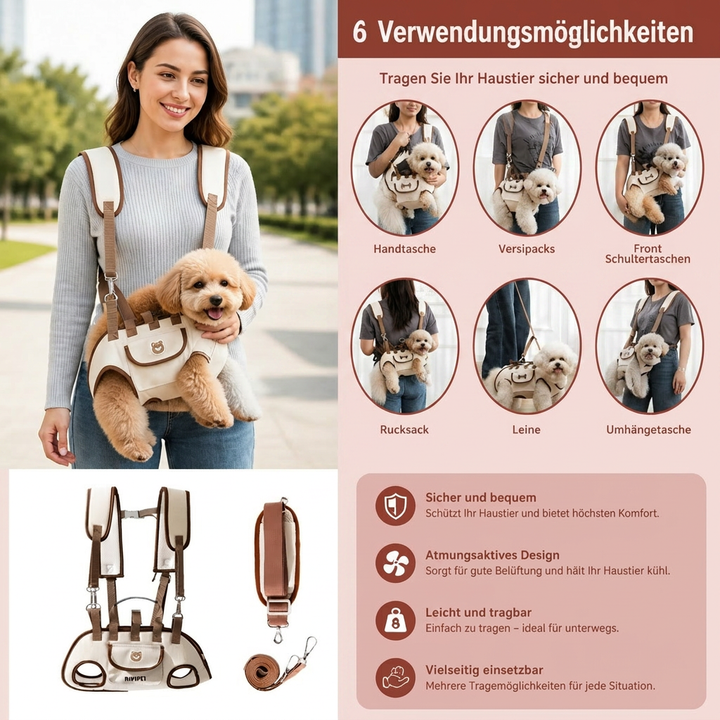 Kompakte Hundetasche/Katzentasche in Braun für sicheren Tiertransport und bequemes Reisen mit Kleintieren.
