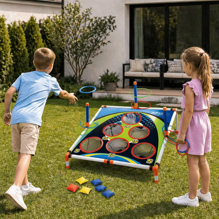 2in1 Cornhole & Ringwurf Spielset für Familienspaß. Vielseitiges Wurfspiel für Garten, Reisen, Outdoor & Freizeit.