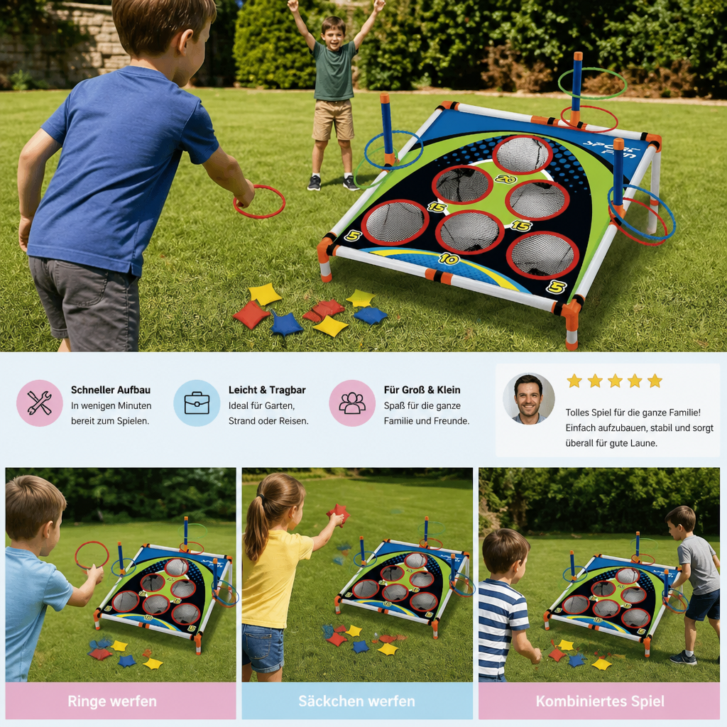 Lustiges Sommerspiel: 2in1 Cornhole & Ringwurf Set. Outdoor Wurfspiel für Familienspaß im Garten oder unterwegs.