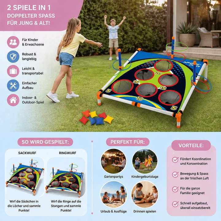 Tragbares 2in1 Cornhole & Ringwurf Set, perfektes Reisespiel. Kompaktes Geschicklichkeitsspiel für Kinder & Erwachsene.