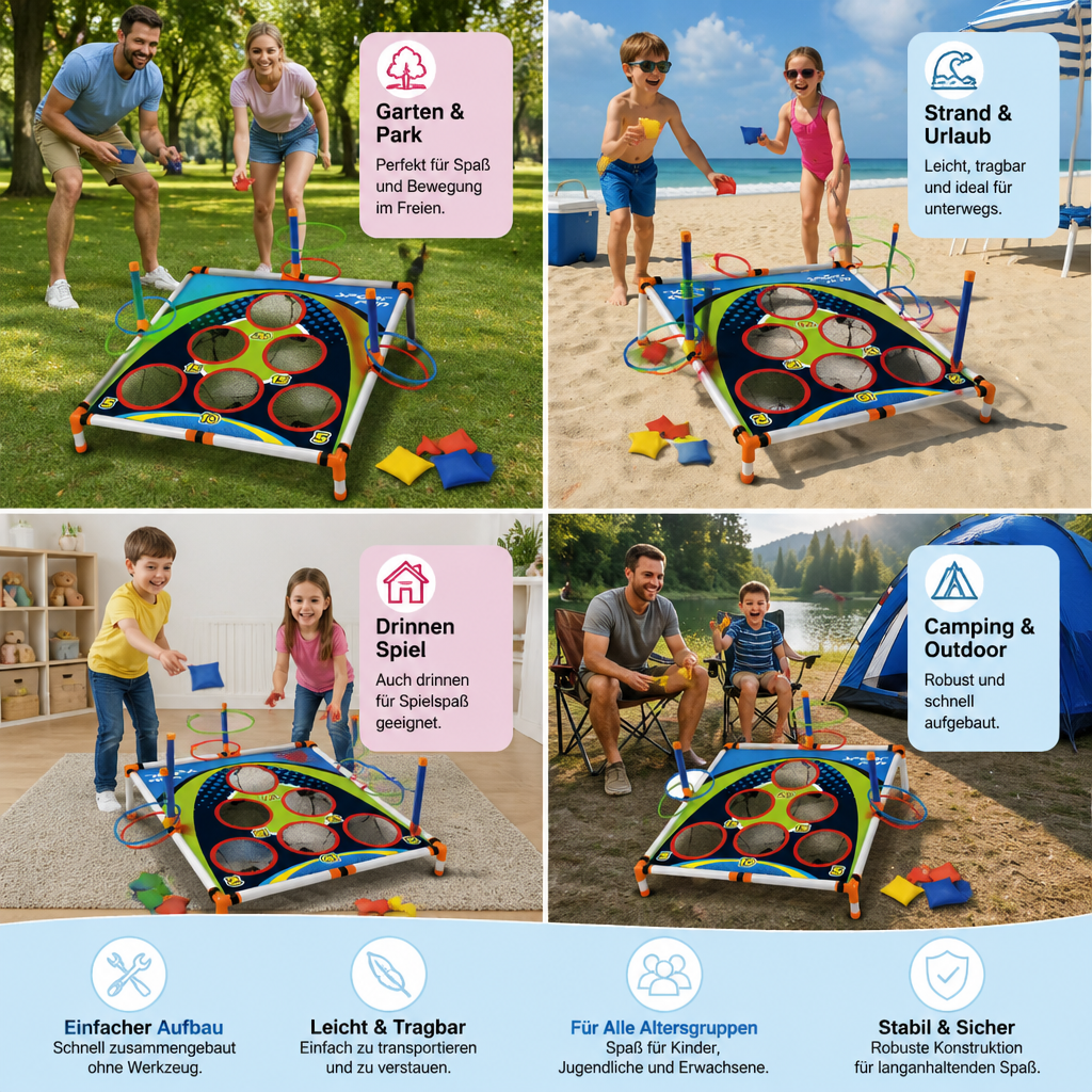 Robustes 2in1 Cornhole & Ringwurf Wurfspiel aus Holz. Langlebiges Gartenspiel für Familienspaß und Freizeit.