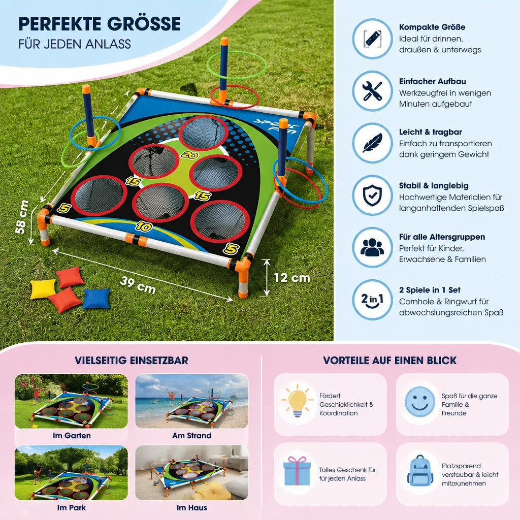 Aktives 2in1 Cornhole & Ringwurf Set für Kinder & Erwachsene. Fördert Geschicklichkeit beim Wurfspiel im Garten/Freien.