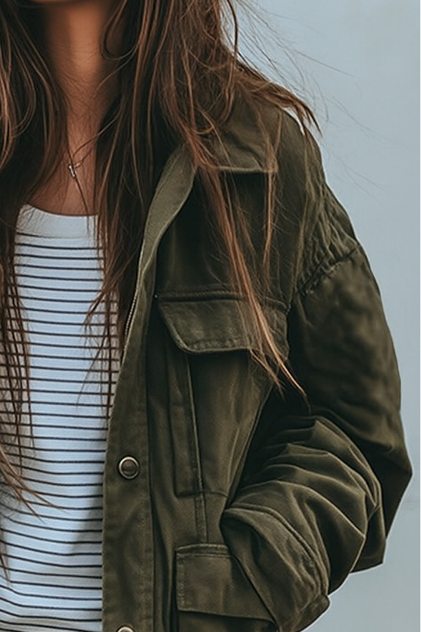 Frau trägt grüne Oversized Utility Jacke, bequemer Casual-Stil, perfekt als Freizeitjacke für Frühling/Herbst.