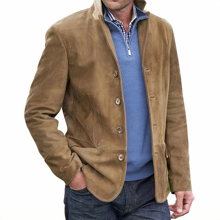 Elegante Herren Vintage Jacke mit Stehkragen und Knopfleiste für stilvolle Herbst-Winter-Looks.