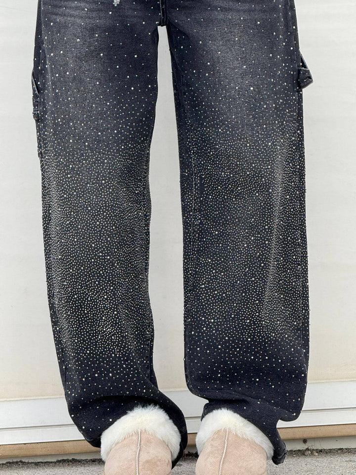 Glänzende Damen Wide Leg Jeans, mit Glitzerpartikeln für einen festlichen Anlass.