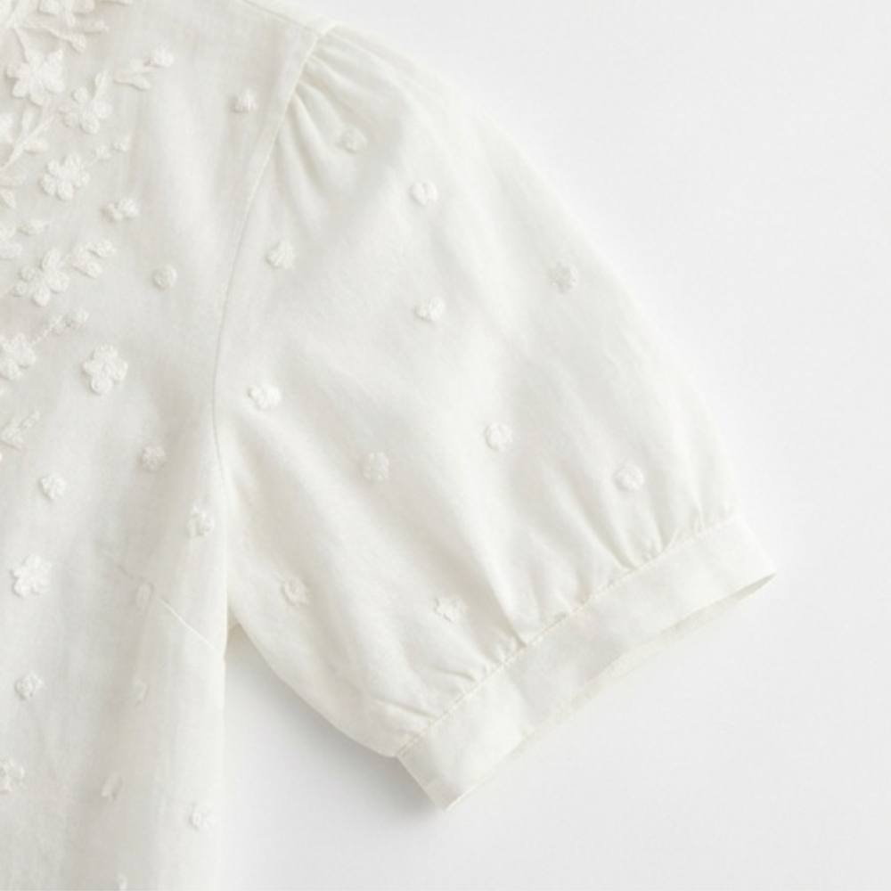 Nahaufnahme: Weißer Damenblusenkragen mit zarter floraler Stickerei, elegantes Detail.