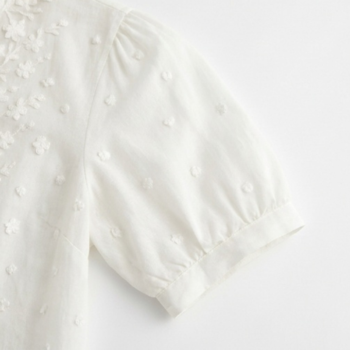 Nahaufnahme: Weißer Damenblusenkragen mit zarter floraler Stickerei, elegantes Detail.