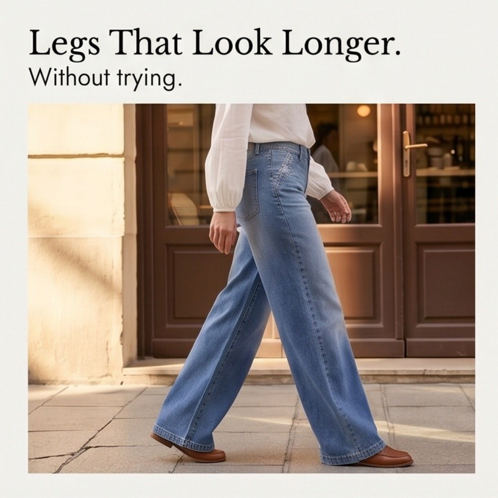 Retro Damen Jeans mit hohem Bund und weitem Bein, Flare Silhouette, schmeichelhaft und zeitlos.