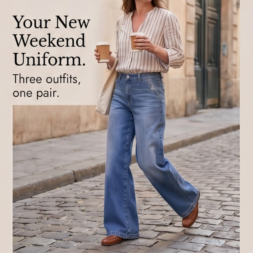 Feminine Damen Flare Jeans, hoher Bund, weites Bein, schmeichelhafte Silhouette, Vintage-Stil.