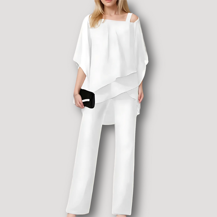 Eleganter Damen Jumpsuit Zweiteiler mit Cold Shoulder-Details. Ideal für festliche Anlässe & Partys.