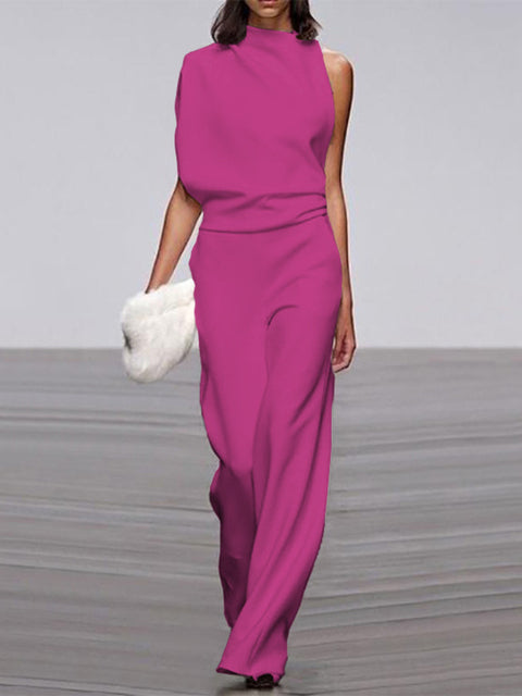 Trendiger Damen Overall für den Frühling und Sommer. Ärmelloser Jumpsuit mit weitem Bein und Rundhals.