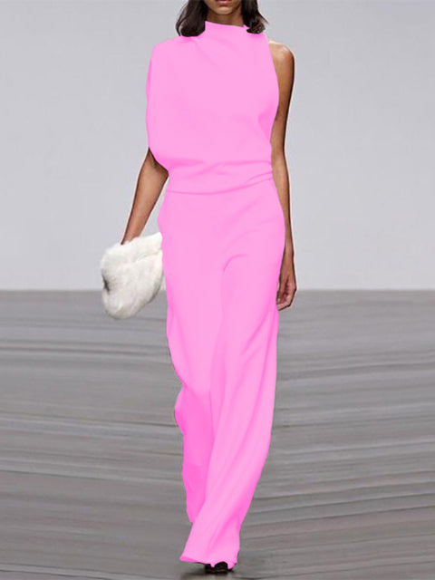 Fashion Damen Jumpsuit: Ärmelloser Overall mit Rundhalsausschnitt und weitem Schnitt. Frühling/Sommer-Look.