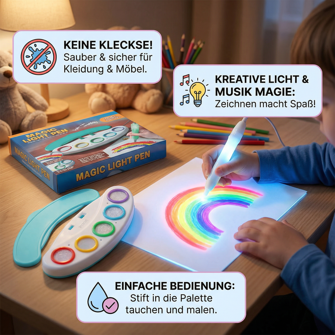 Kind malt kreativ mit dem leuchtenden Zauber-Malstift. Fördert Fantasie, Feinmotorik & Bildung.