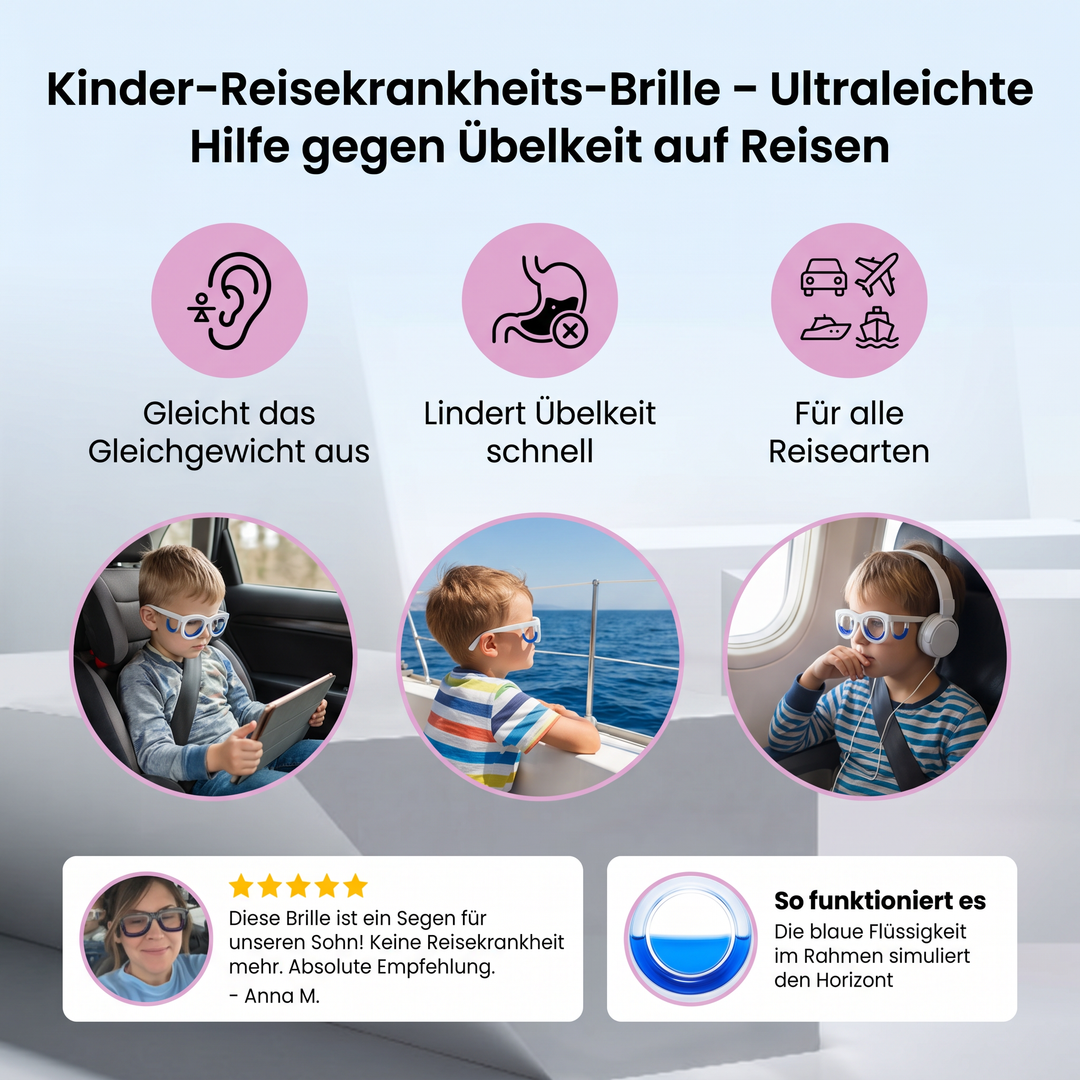 Bunte Kinderbrille zur Vorbeugung von Reiseübelkeit, unterstützt den Gleichgewichtssinn auf langen Fahrten.