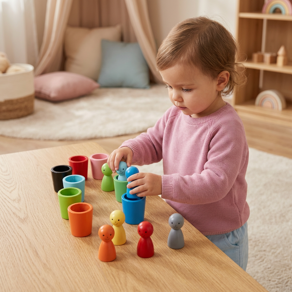 Nahaufnahme bunter Holzbecher & Kugeln des Montessori Farben-Lernspiels. Ideal für Vorschule & Sortierübungen.