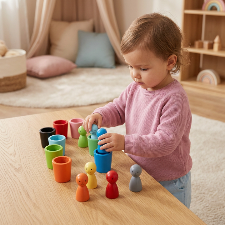 Nahaufnahme bunter Holzbecher & Kugeln des Montessori Farben-Lernspiels. Ideal für Vorschule & Sortierübungen.