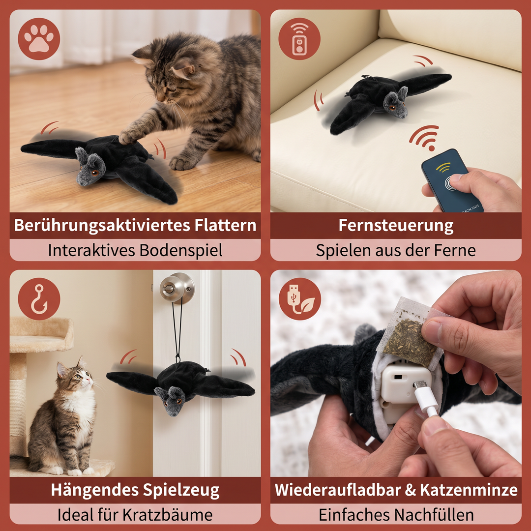 Dynamisches Fledermaus Katzenspielzeug mit interaktiven Elementen & Katzenminze für aufregenden Spielspaß.