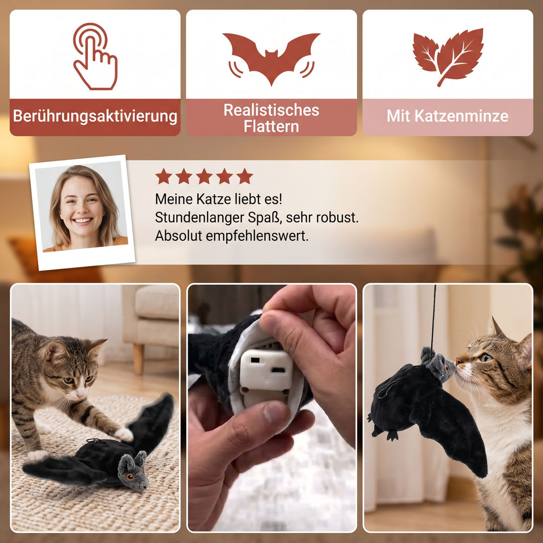 Lustiges Fledermaus Katzenspielzeug mit Katzenminze, ideal um Katzen stundenlang zu beschäftigen & zu aktivieren.