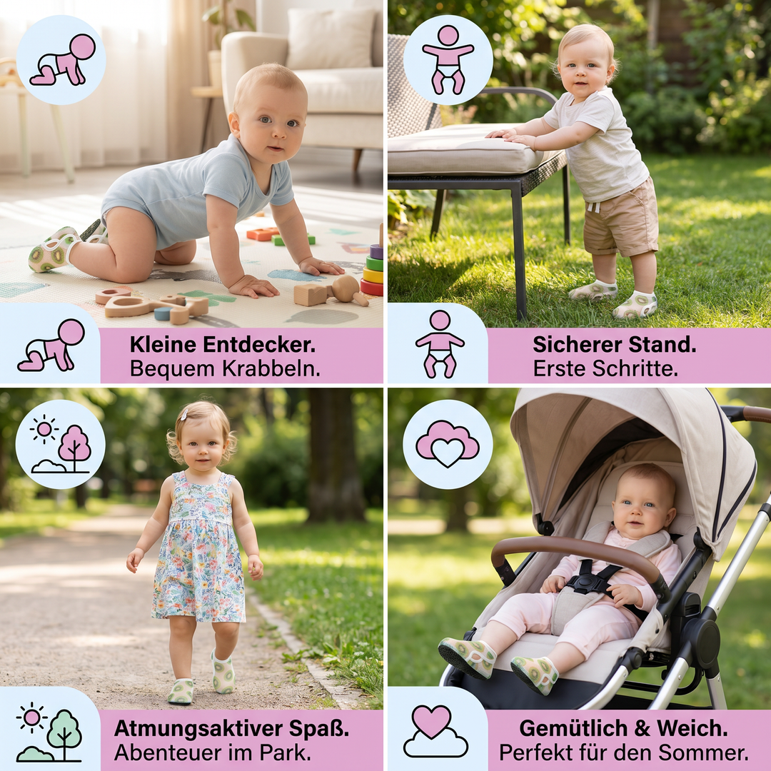 Modische Sommer-Babyschuhe mit fröhlichem Fruchtdesign für kleine Trendsetter.