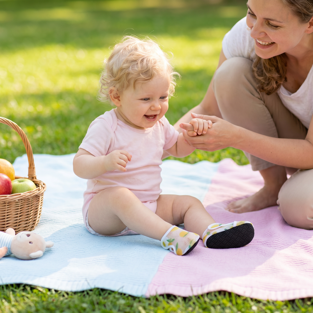 Komfortable, flexible Babyschuhe im Fruchtdesign, rutschfest für aktive kleine Füße.