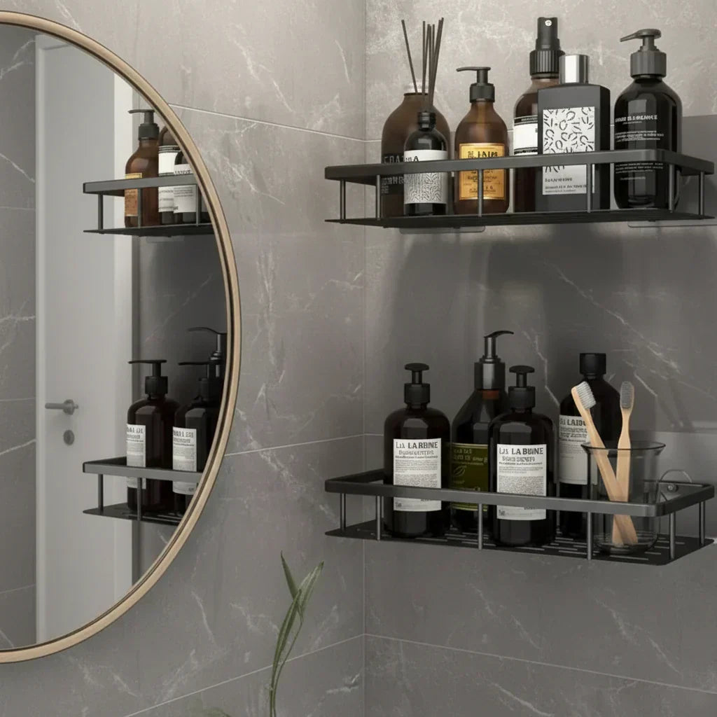 Selbstklebendes Wandregal mit hohem Rand, sicherer Halt für Duschzubehör & Kosmetik.