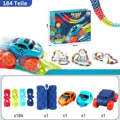 Zwei Kinder lachen beim gemeinsamen Spielen mit der Anti-Schwerkraft Rennbahn und ihren bunten Autos.