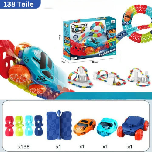 Spielzeugauto fährt schnell die Anti-Schwerkraft Rennbahn entlang, überwindet einen Looping.