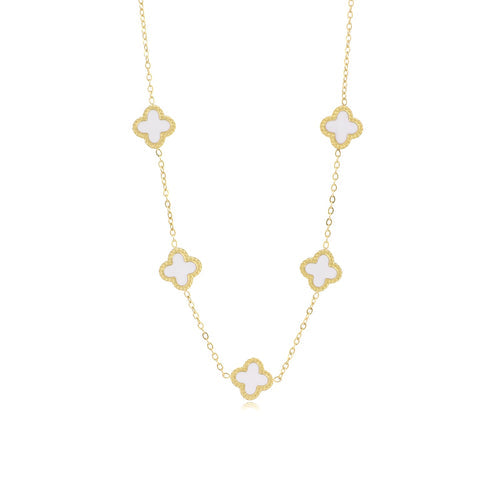 Edle Damen Gold & Weiß Kleeblatt-Halskette, ein stilvoller Glücksbringer. Eleganter Schmuck für Frauen und modisches Accessoire.