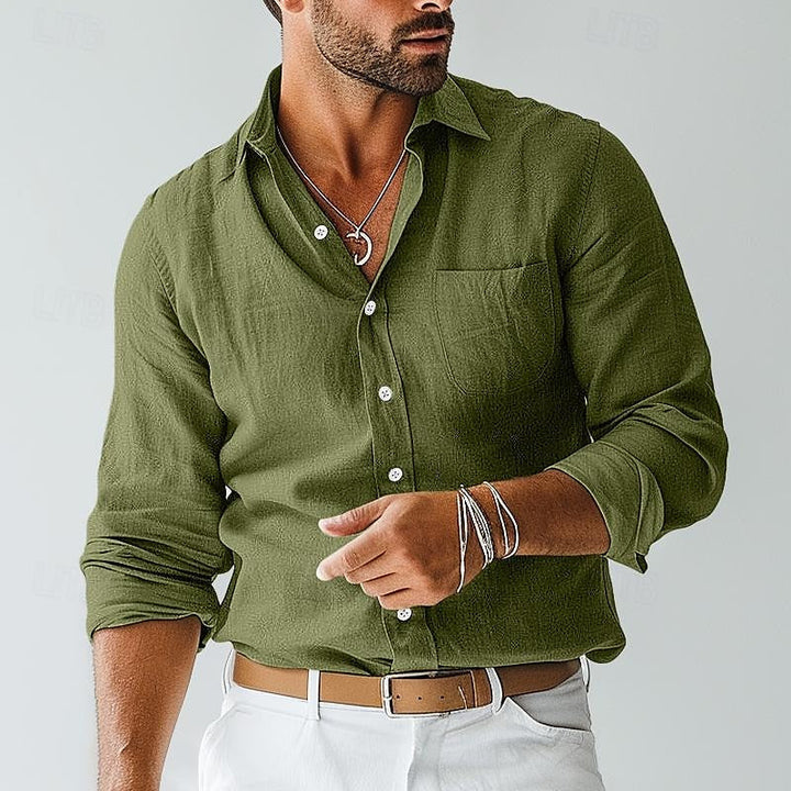 Lässiges Herren Langarmhemd in Uni-Farbe mit Reverskragen und Brusttasche, ideal für Freizeit & Alltag.