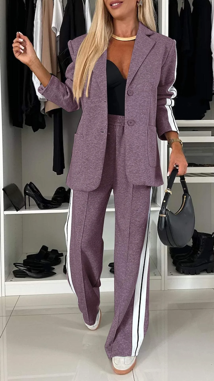 Gestreiftes Damen Zweiteiler-Set: Eleganter Blazer & weite Hose, ideal für Büro, Herbst & Frühling.