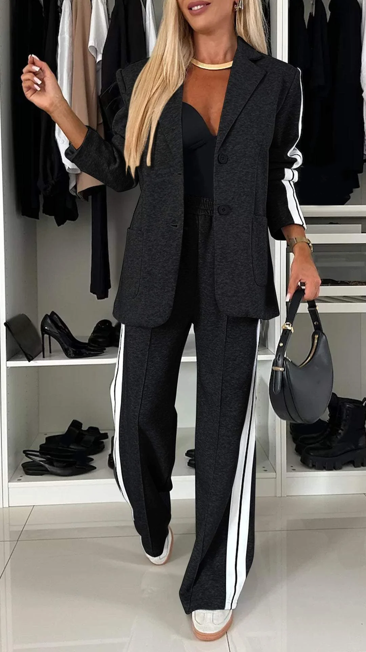 Damen Gestreiftes Zweiteiler-Set: Eleganter Blazer & weite Hose für Business & Freizeit.