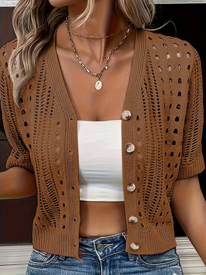 Stylischer Damen Sommer-Cardigan, Ajourmuster, Knöpfe, kurz, eleganter Look.
