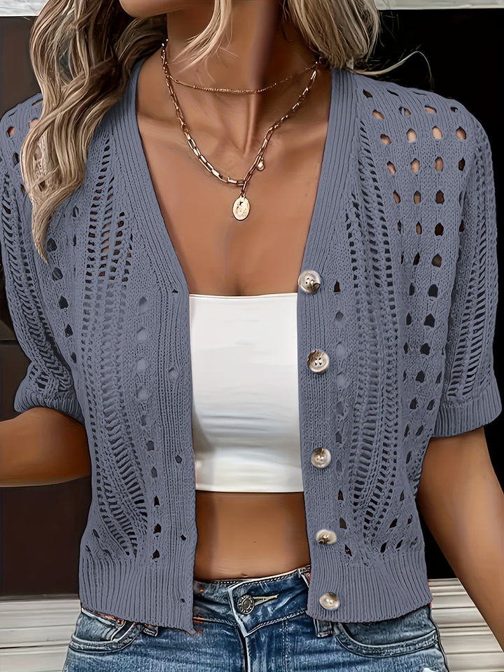 Vielseitige Damen Kurzstrickjacke mit Ajourmuster & Knöpfen, Frühling/Sommer.