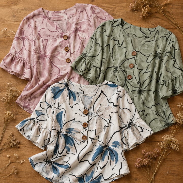 Sommerliche Damenbluse mit Blumenmuster, tiefem V-Ausschnitt & eleganten Rüschenärmeln; lässig-elegant.