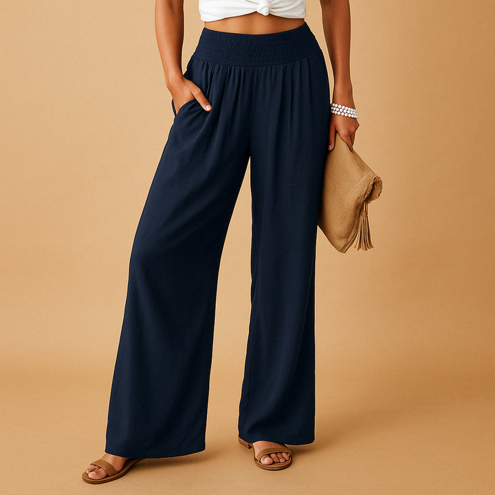 Bequeme Alltagshose für Damen, mit Gummibund und geradem, weitem Bein; vielseitige Freizeithose für den Sommer.