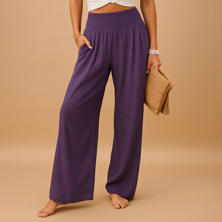 Weite Sommerhose für Damen mit geradem Bein und Gummizugbund, sehr bequem und luftig für heiße Tage.