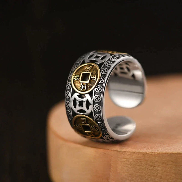 Detailaufnahme des unisex Silber-Glücksrings, symbolisiert Wohlstand und positive Energie.