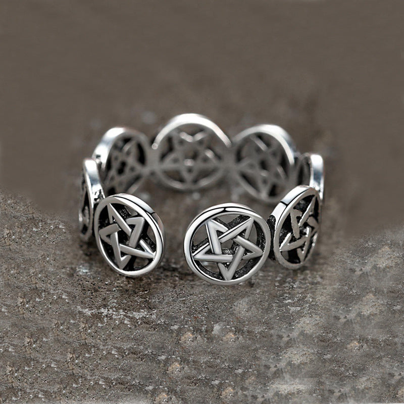 Handgefertigter tibetischer Pentagramm-Schmuckring aus echtem S925 Silber, spirituelles Symbol.